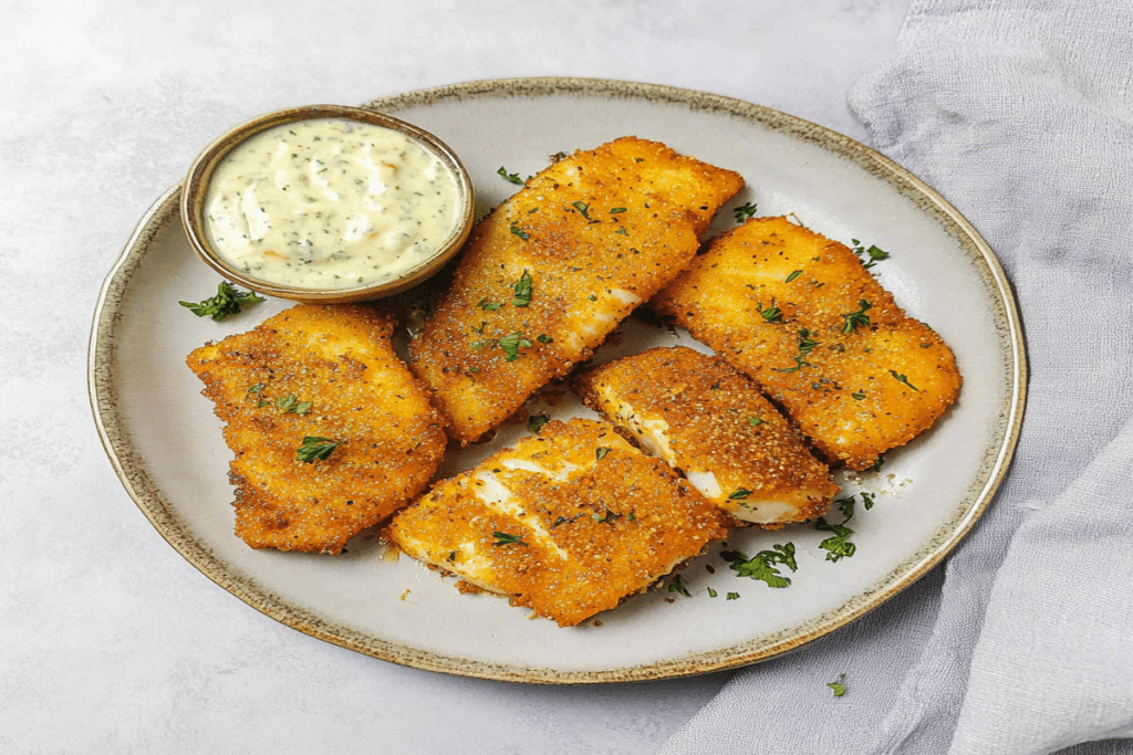 șalău la air fryer văzut de sus, cu crustă crocantă și sos