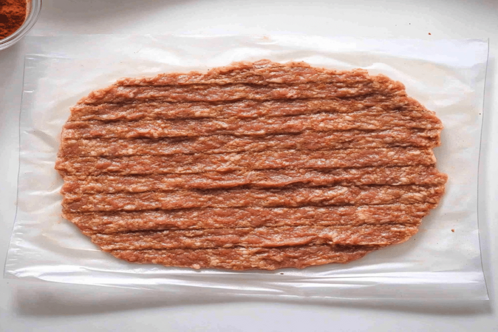 Amestec crud pentru viral doner kebab, carne tocată aplatizată pe hârtie de copt, văzută de sus.