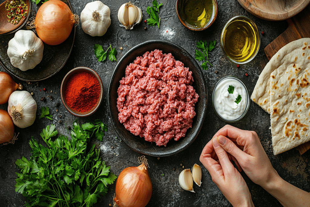 Ingrediente pentru viral doner kebab, carne tocată, ceapă, usturoi, ierburi, condimente și lipie pe masă.