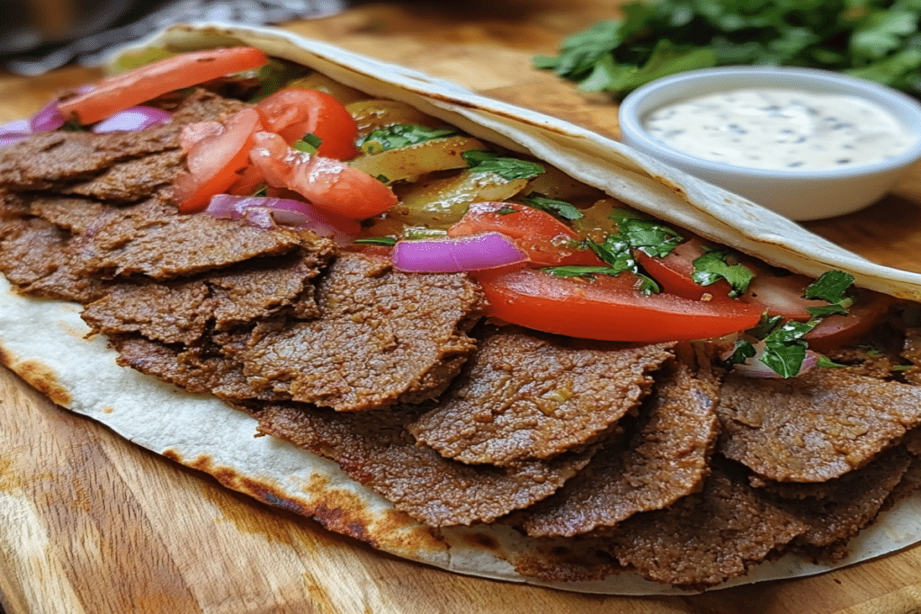 Viral doner kebab rulat în lipie, cu felii de carne, roșii, ceapă roșie și sos alb pe tocător.