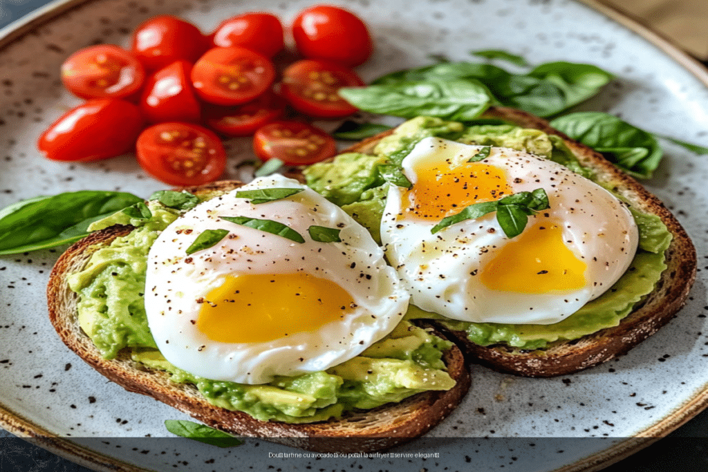 Două tartine cu avocado și ou poșat la airfryer alături de roșii și busuioc