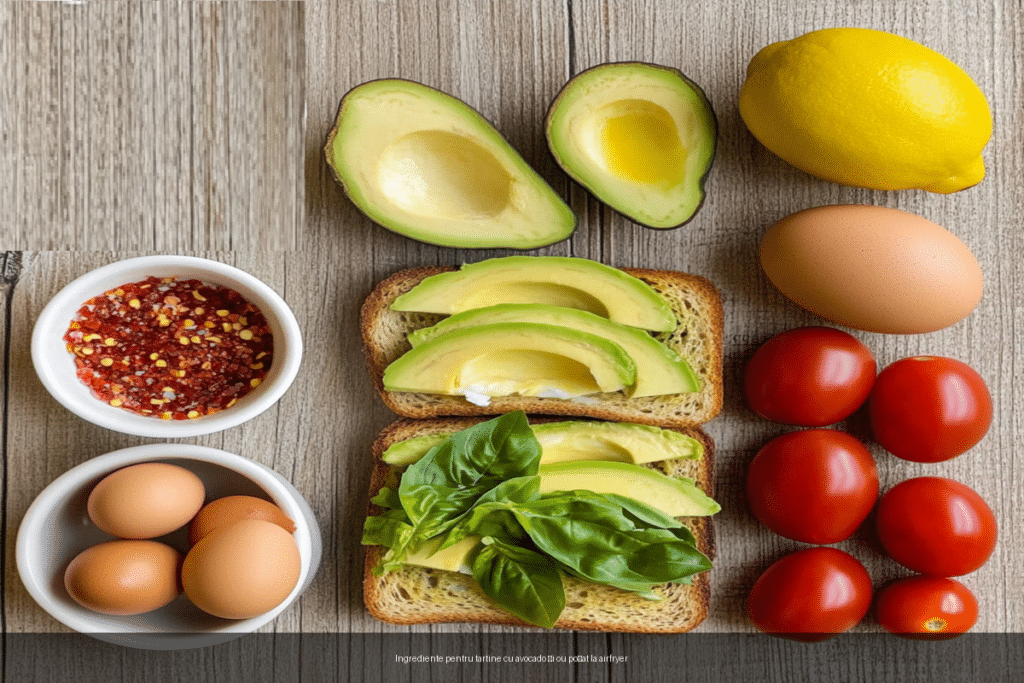 Ingrediente proaspete pentru tartine cu avocado și ou poșat la airfryer pe masă din lemn
