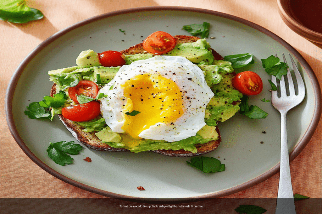 Tartină cu avocado și ou poșat la airfryer cu gălbenuș curgător și roșii cherry