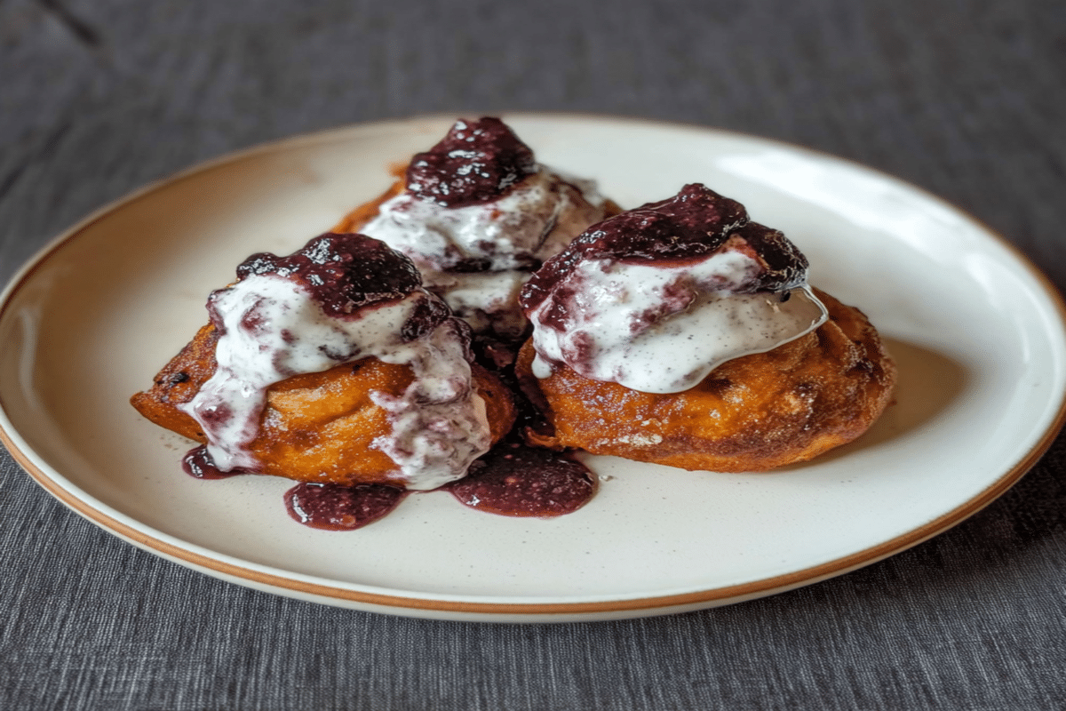 Papanasi la airfryer – cea mai practică rețetă pentru acasă 4 Papanasi la airfryer serviți pe farfurie, cu sos de afine și smântână, văzuți din față