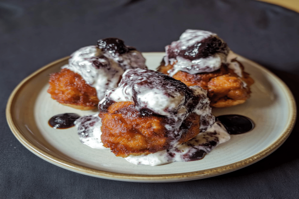 Papanasi la airfryer – cea mai practică rețetă pentru acasă 7 Papanasi la airfryer fotografiați din unghi lateral, cu textură crocantă și topping cremos