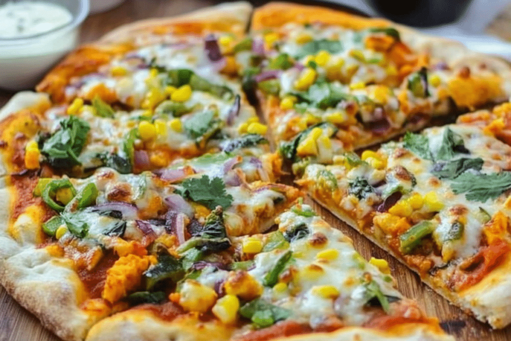 Pizza vegetariana reteta – cea mai practică variantă pentru acasă 8 Pizza vegetariana reteta vazuta de sus, servita cu sosuri si ierburi