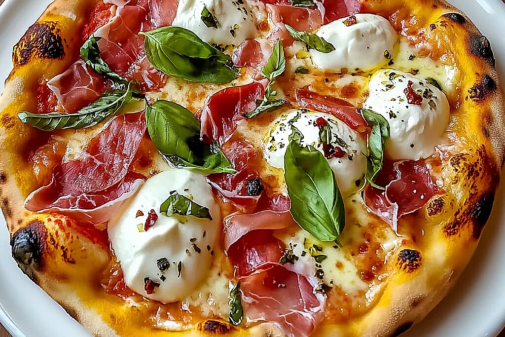 Detaliu close-up cu prosciutto crudo pe pizza, mozzarella topită și busuioc proaspăt