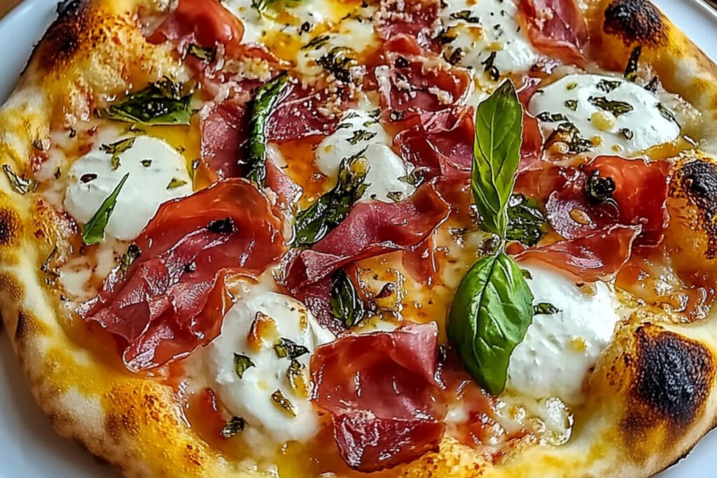 Prosciutto crudo pizza văzută de sus, cu mozzarella cremoasă, busuioc proaspăt și blat rumenit