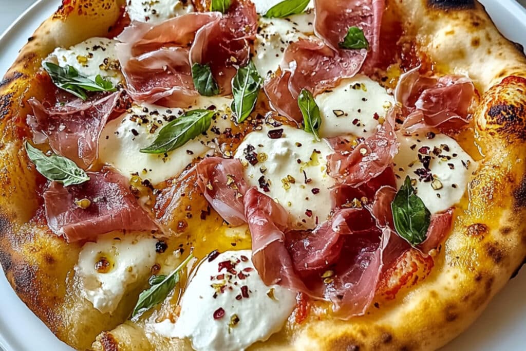 Prosciutto crudo pizza servită pe farfurie, cu blat rustic, mozzarella și busuioc