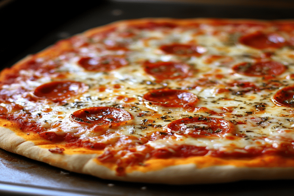 Reteta blat de pizza ca la pizzerie – aluat corect, rezultat garantat 7 Reteta blat de pizza ca la pizzerie vazuta din lateral, cu topping clasic