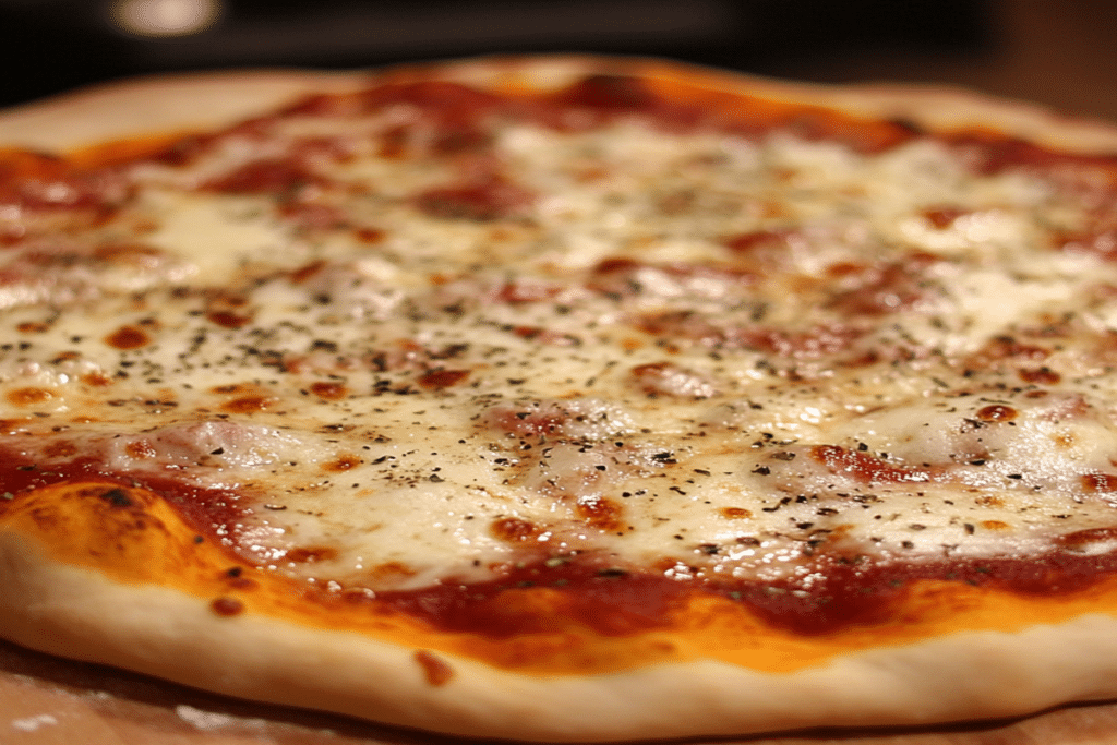 Reteta blat de pizza ca la pizzerie – aluat corect, rezultat garantat 9 Reteta blat de pizza ca la pizzerie, vedere de sus, cu busuioc proaspat