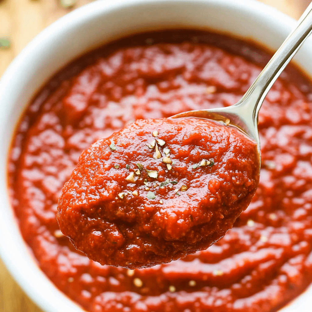 Reteta sos pizza de casa – cea mai practică variantă pentru acasă 6 reteta sos pizza de casa in prim-plan, pe lingura, cu textura densa si condimente