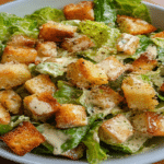 Salată cezar rețetă pe platou, cu frunze crocante și crutoane aurii