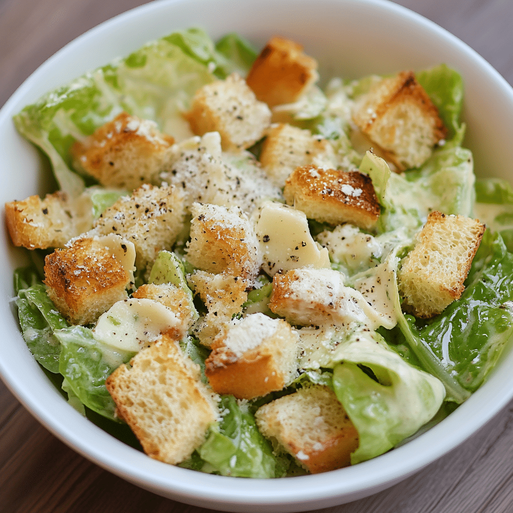 Salată cezar rețetă în prim-plan, cu dressing cremos și parmezan ras