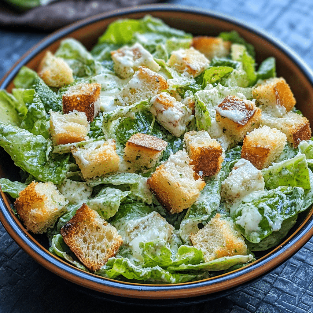 Salată cezar rețetă prezentată de sus, cu crutoane aurii și sos cremos pe frunze de salată