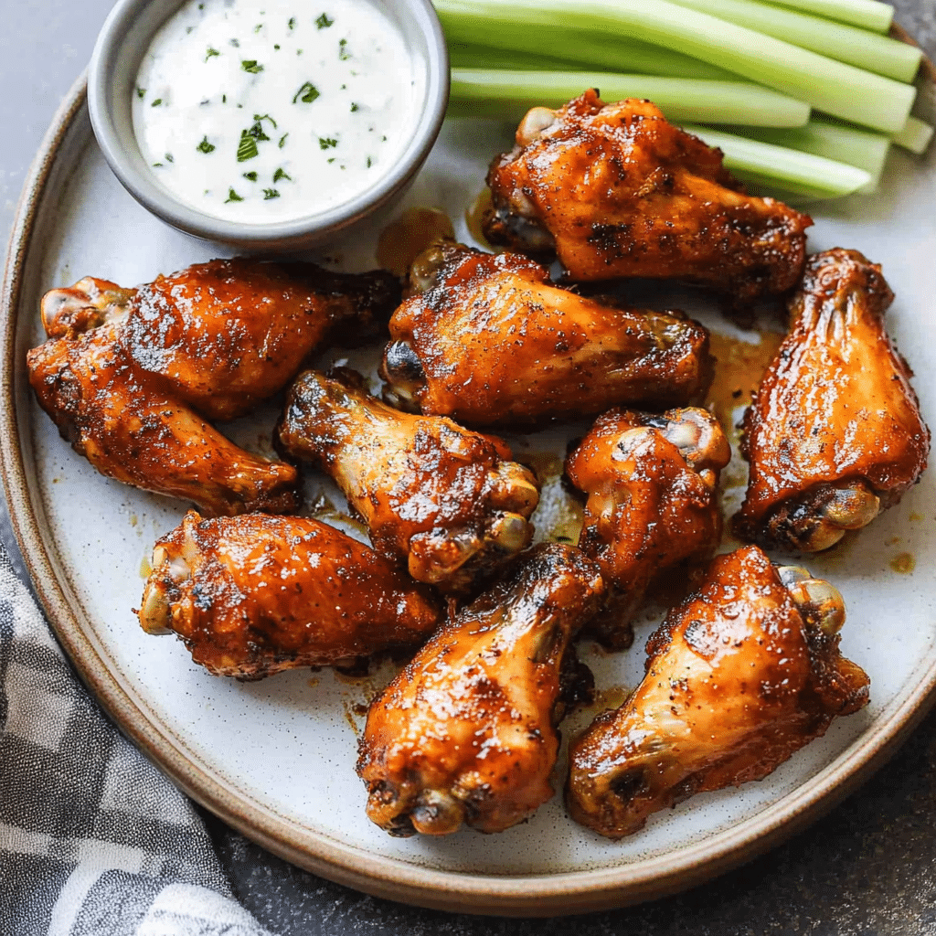 Aripioare la cuptor rumenite, servite în bol cu sos alb cremos și tije de țelină