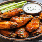 Aripioare la cuptor în prim-plan, cu sos alb și tije de țelină