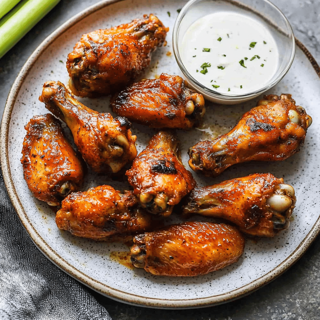 Aripioare la cuptor rumenite uniform, așezate pe farfurie, vedere de sus