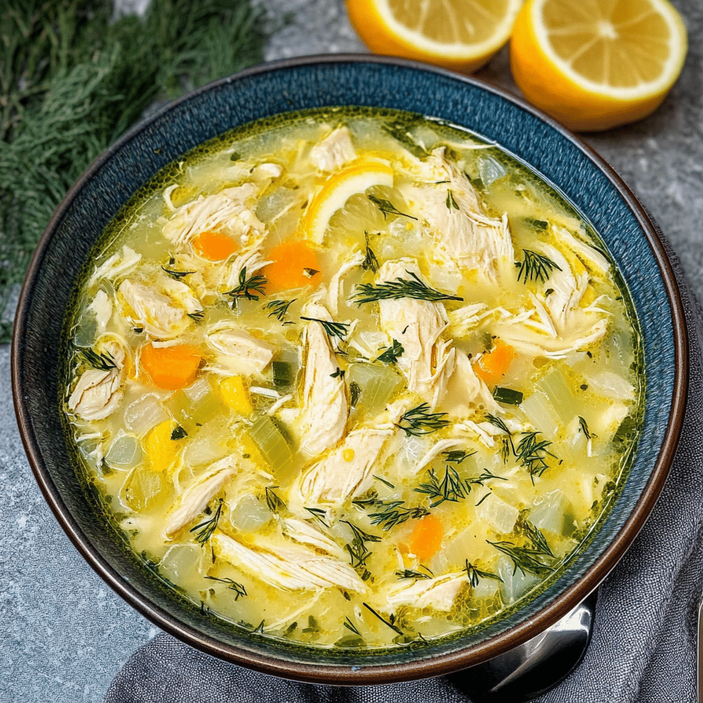 Ciorbă de pui a la grec în prim-plan, servită cu pâine rustică și lămâie