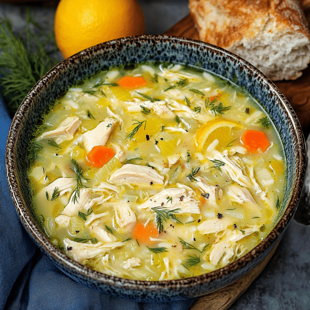 Ciorbă de pui a la grec cu lingură, carne de pui, legume și verdeață