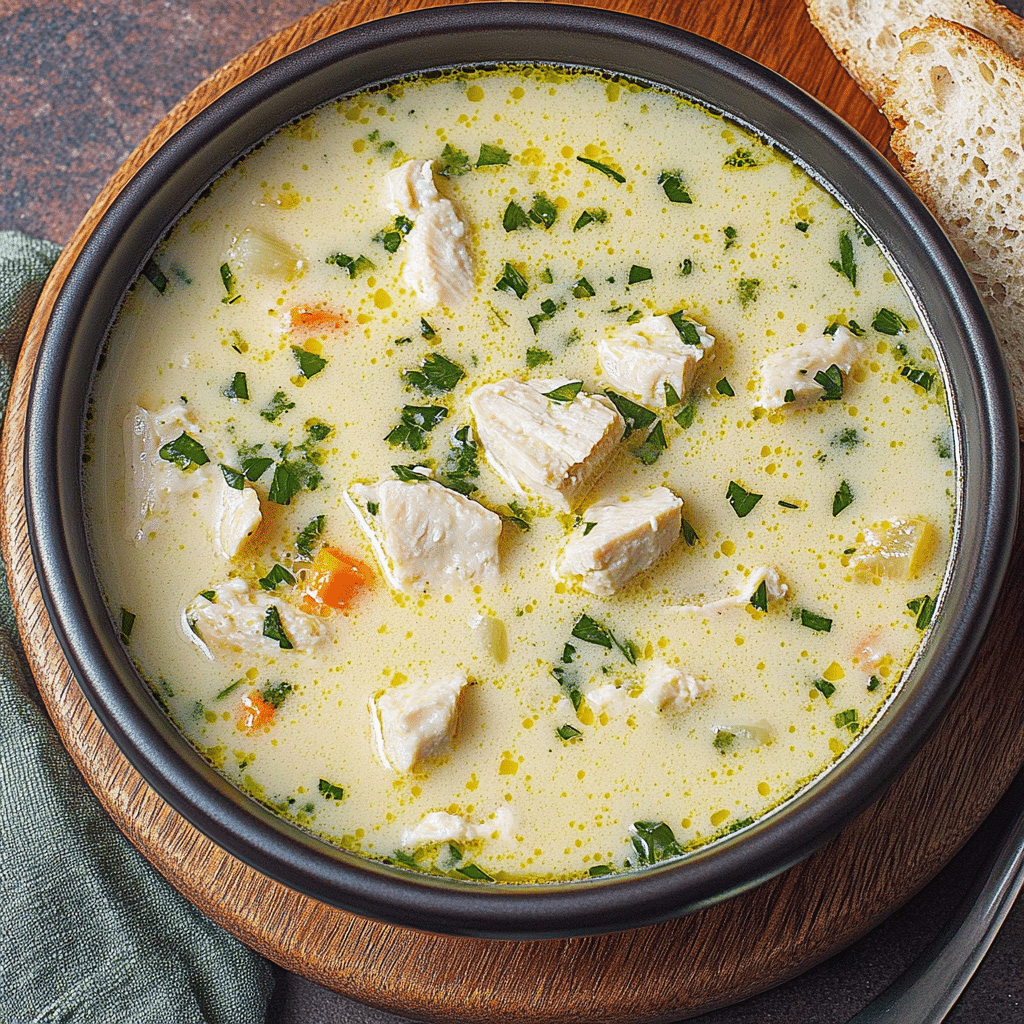 Ciorba radauteana de pui – cum iese perfect echilibrată 5 Ciorbă rădăuțeană cu pui și legume, surprinsă în prim-plan, cu textură cremoasă