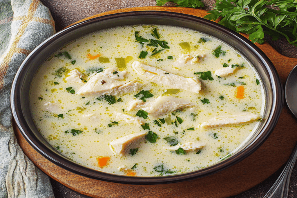 Ciorbă rădăuțeană cremoasă, cu bucăți de piept de pui și verdeață, fotografiată de sus