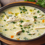 Ciorba radauteana de pui – cum iese perfect echilibrată 6 Ciorbă rădăuțeană cremoasă, cu bucăți de piept de pui și verdeață, fotografiată de sus