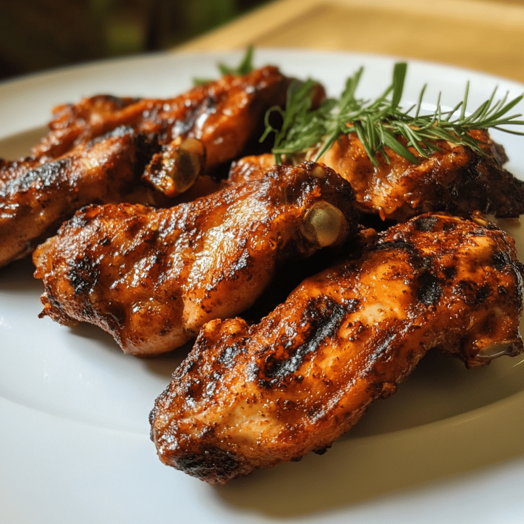 Coaste de pui fragede – cum le faci suculente la cuptor 9 Coaste de pui la grătar, surprinse în prim-plan, cu glazură caramelizată și urme de grătar
