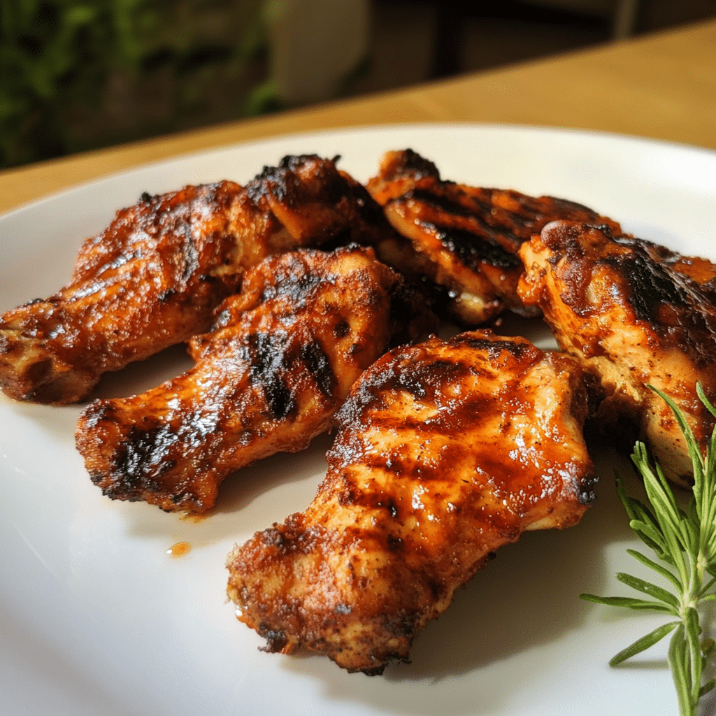 Coaste de pui fragede – cum le faci suculente la cuptor 6 Coaste de pui la grătar, fotografiate din unghi lateral, cu rozmarin proaspăt