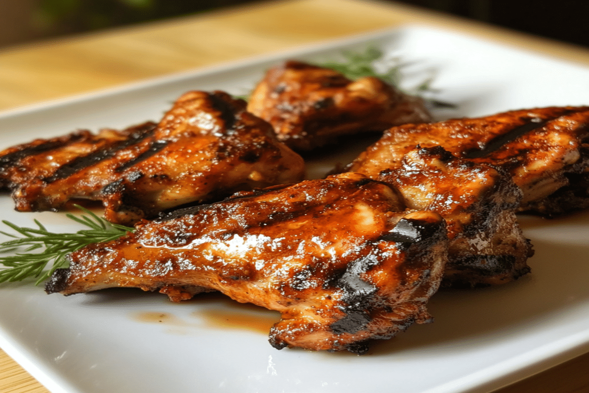 Coaste de pui fragede – cum le faci suculente la cuptor 5 Coaste de pui suculente, fotografiate de aproape, cu glazură și urme de grătar