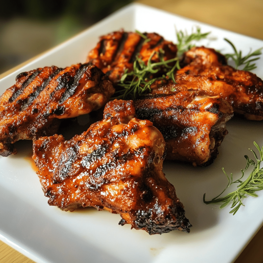 Coaste de pui fragede – cum le faci suculente la cuptor 8 Coaste de pui rumenite, servite pe un platou alb, cu suprafață crocantă și sos lipicios