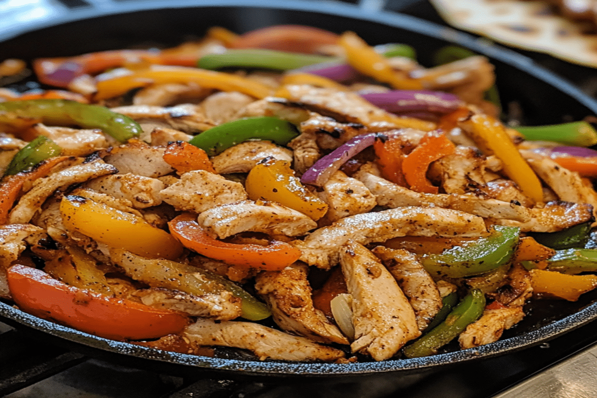 Fajitas de pui: cum obții gust mexican autentic în 35 de minute 3 Fajitas de pui în tigaie de fontă, cu ardei colorați și ceapă roșie, surprinse în prim-plan