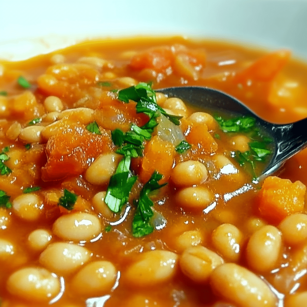 Fasole prajita cremoasa cu bucati de rosii si patrunjel, surprinsa in lingura