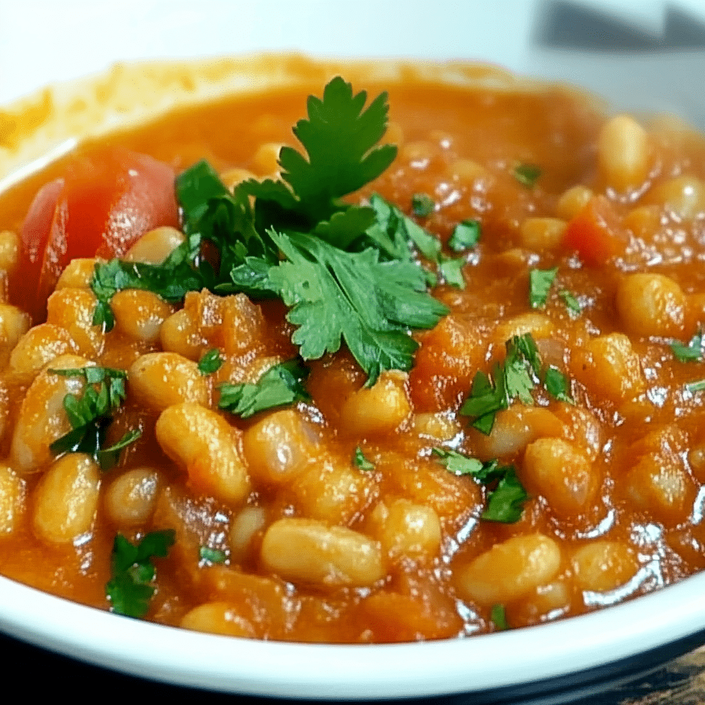 Fasole prajita servita in bol alb, decorata cu patrunjel proaspat si lipie crocanta