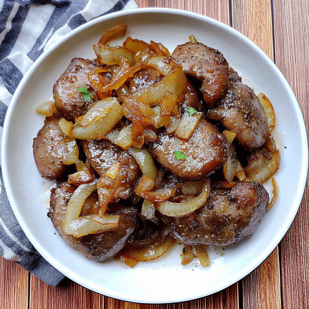 Ficatei de pui cu ceapa si patrunjel proaspat, detaliu apropiat