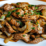 Ficatei de pui cu ceapa caramelizata, serviti in farfurie alba, vedere de sus