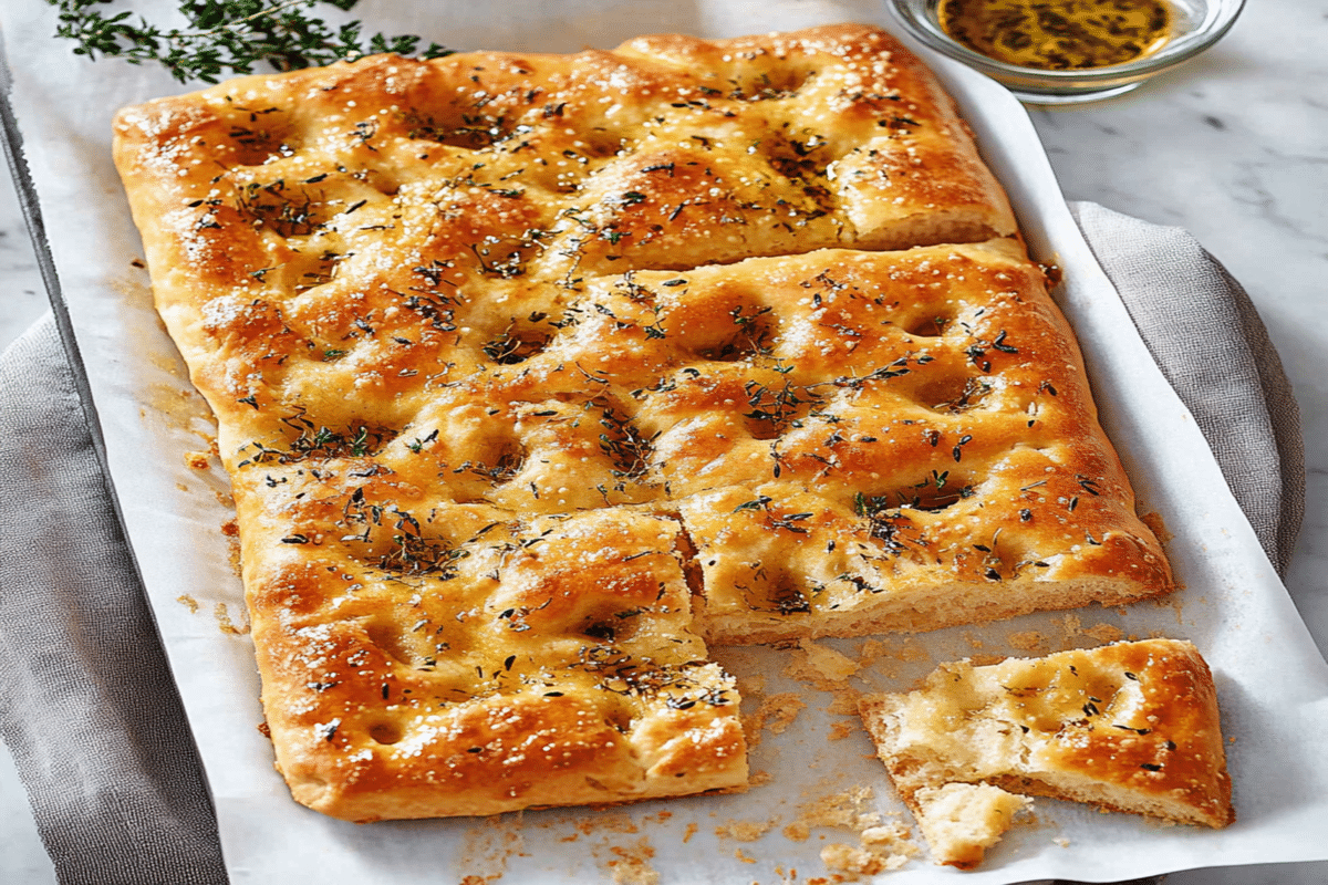 Focaccia reteta italiană – cum iese moale și aerată 4 focaccia reteta în prim-plan, cu alveole umplute cu ulei și ierburi aromate