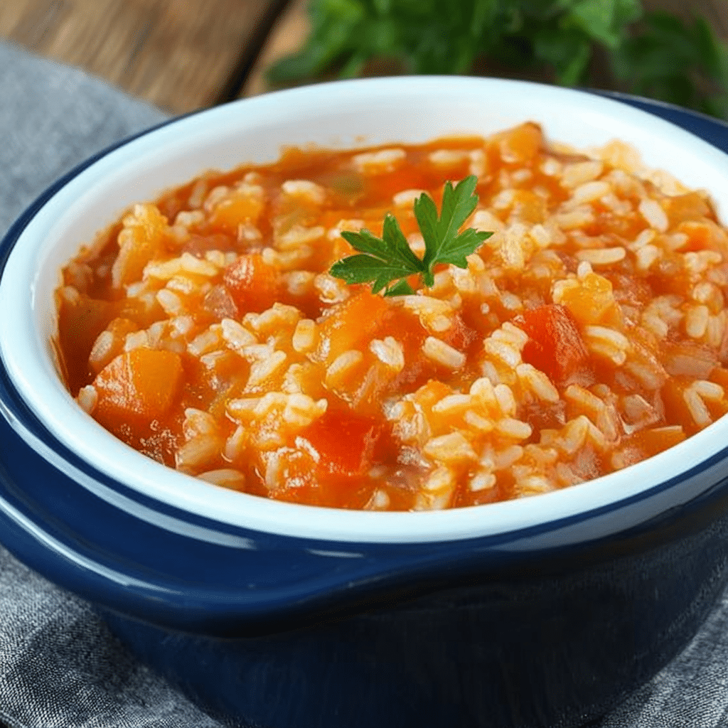 Ghiveci de legume si orez într-un bol albastru, surprins din unghi lateral