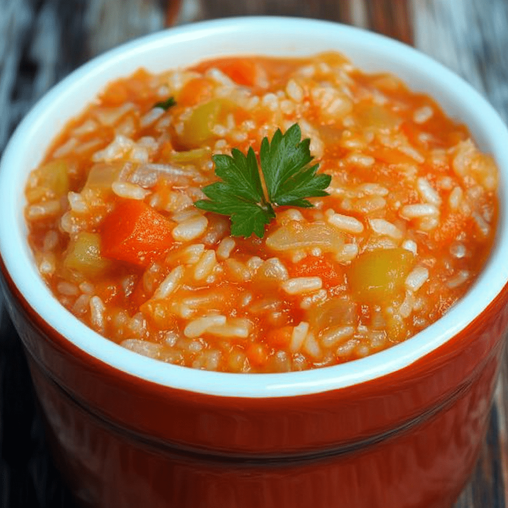 Ghiveci de legume si orez văzut de sus, cu boabe de orez și legume în sos tomat