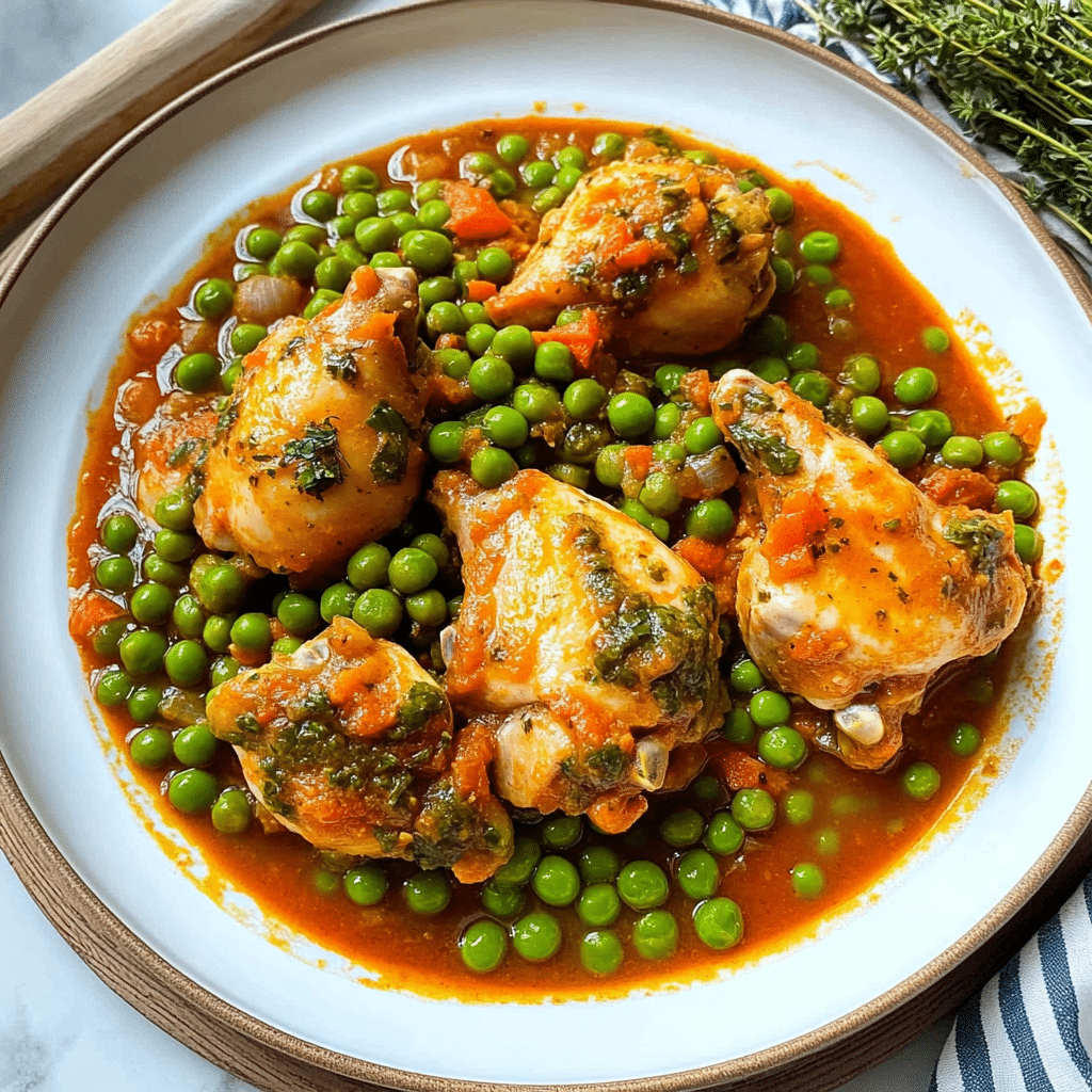 Mazăre cu pui în prim-plan, cu bucăți de pui fragede și mazăre verde într-un sos consistent