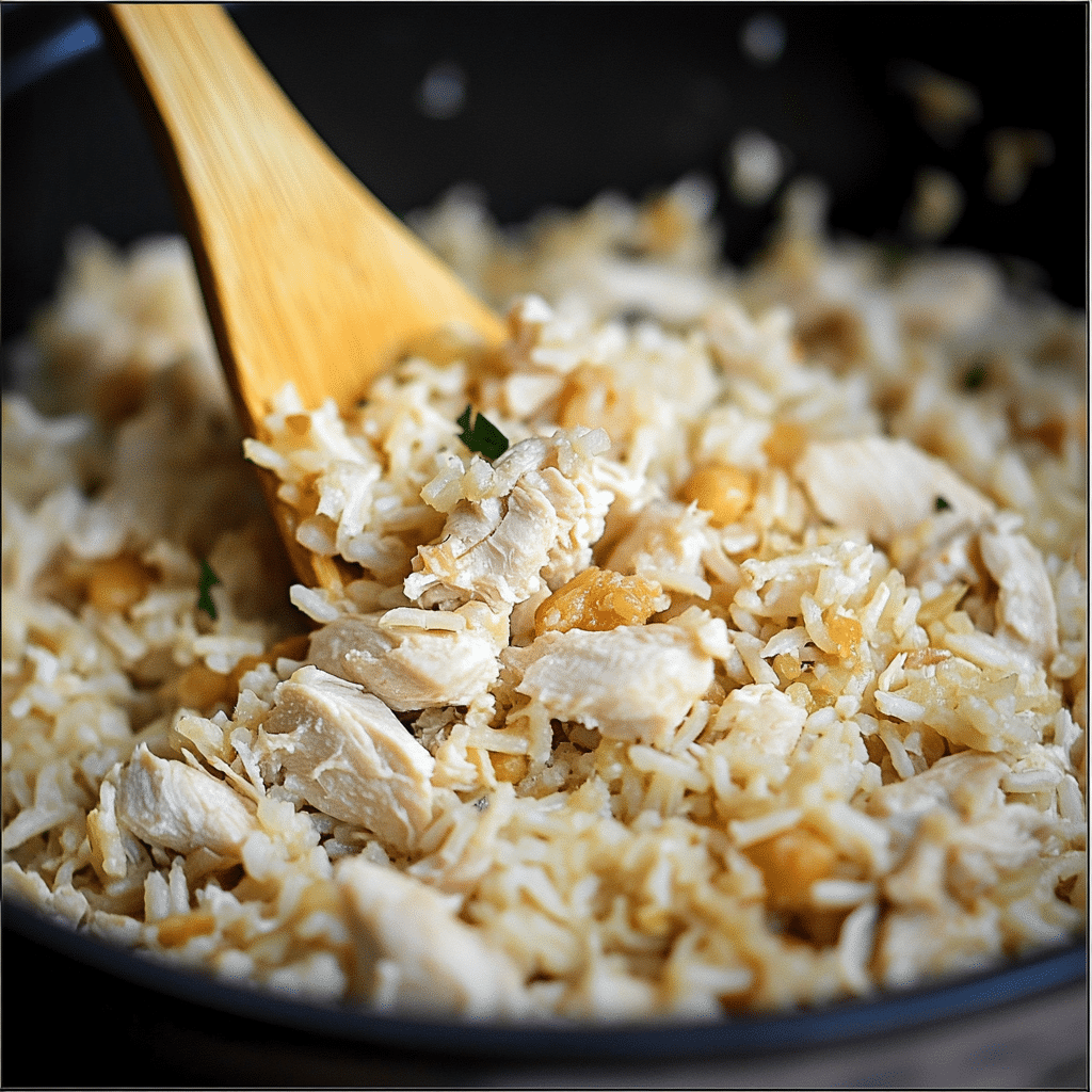 Pilaf cu pui servit din tigaie cu lingură de lemn, orez pufos și carne rumenită