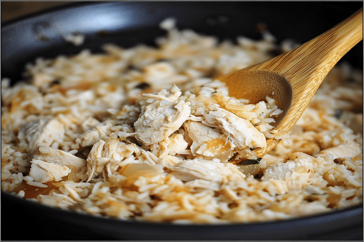 Pilaf cu pui gătit în tigaie, cu orez pufos și bucăți fragede de carne, amestecat cu lingură de lemn