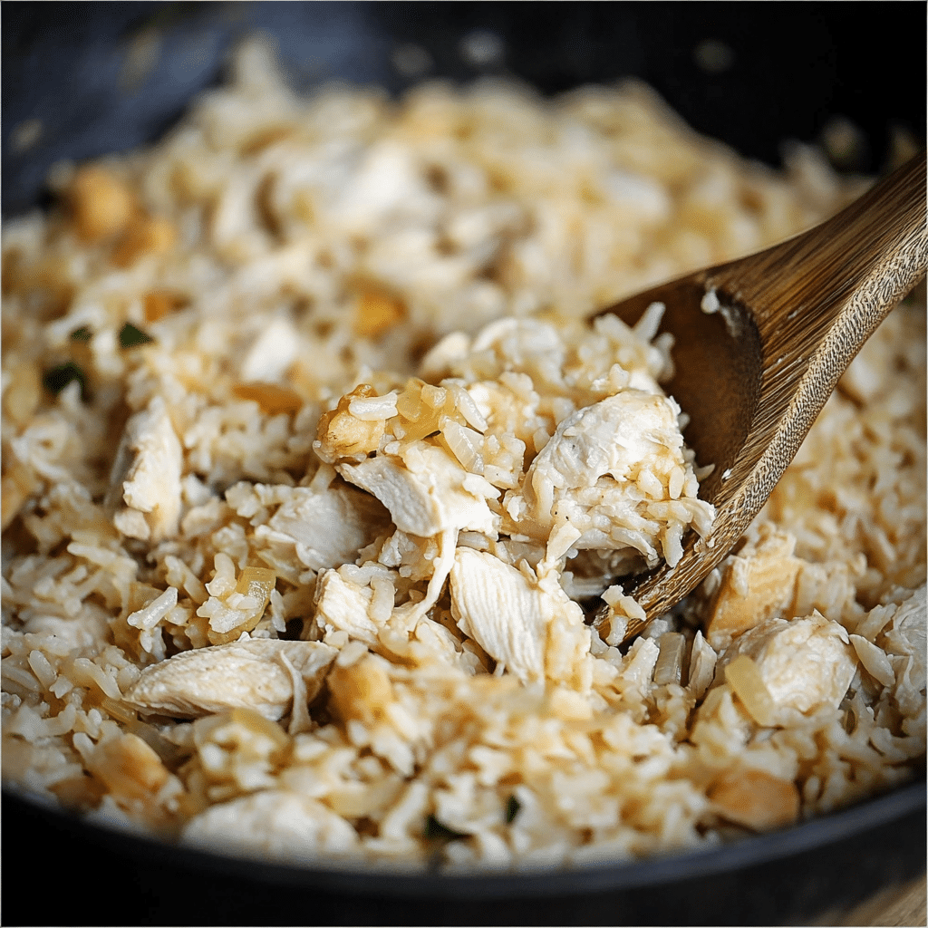 Pilaf cu pui cu orez bob cu bob și carne fragedă, detaliu de textură în tigaie