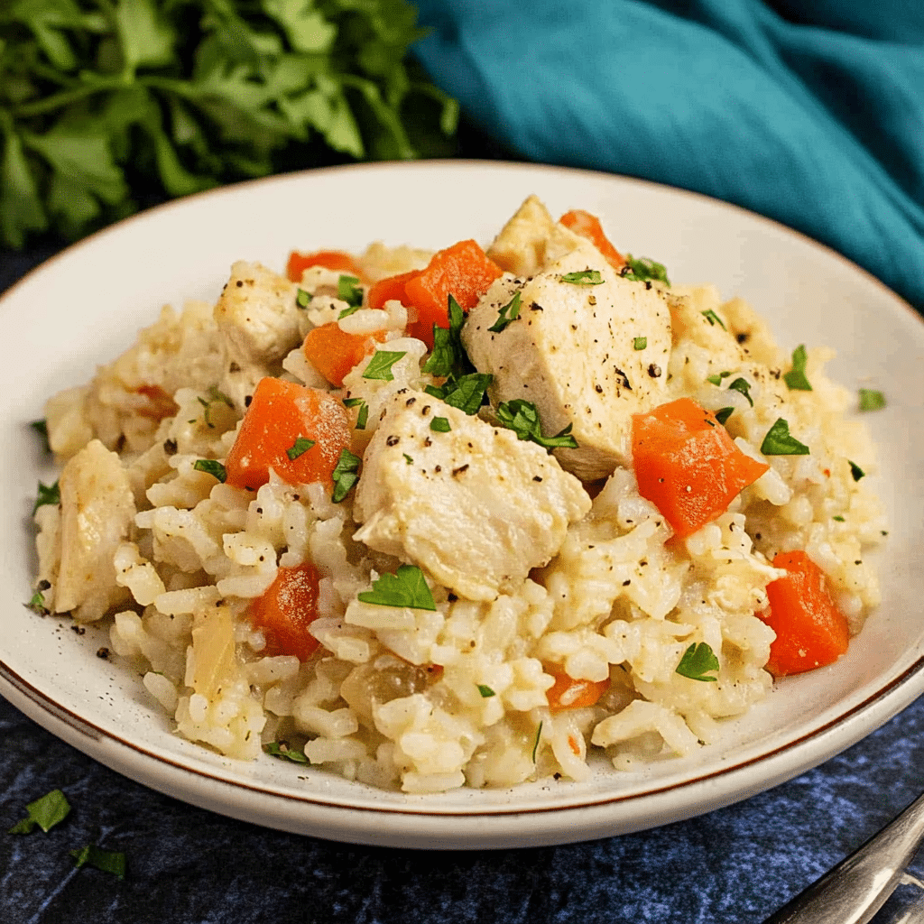 Prim-plan cu pilaf de orez cu pui, mazăre și morcovi, amestecat în tigaie