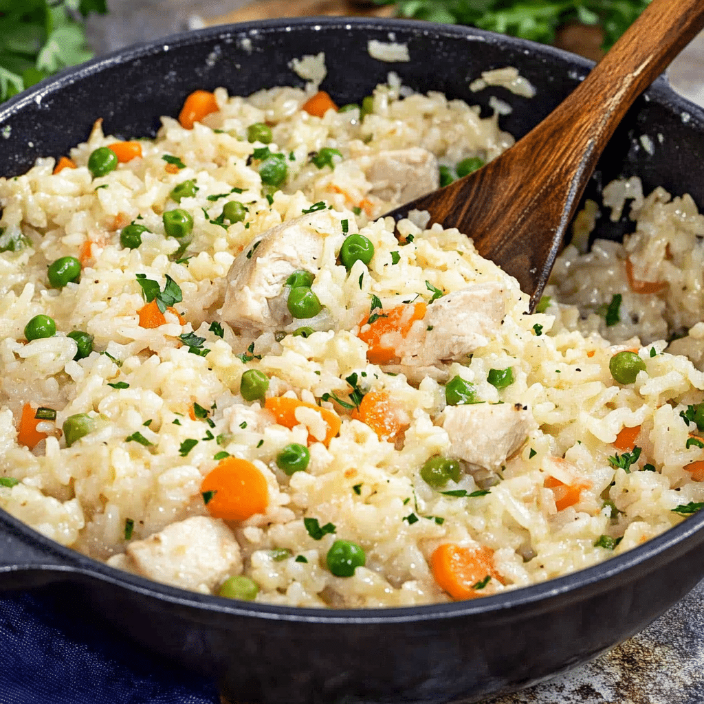 Pilaf de orez cu pui servit în farfurie, cu bucăți fragede și legume colorate