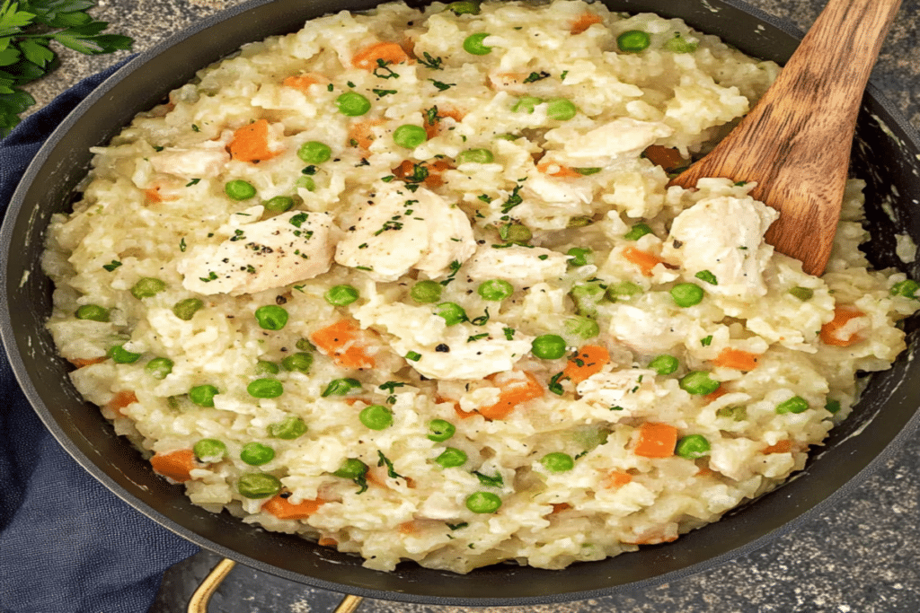Pilaf de orez cu pui cremos, mazăre și morcovi, văzut de sus într-o tigaie