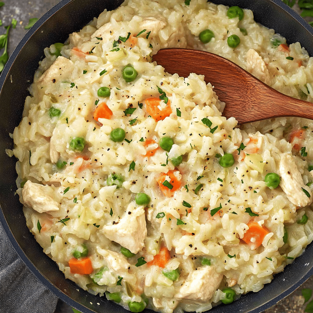Pilaf de orez cu pui gătit în tigaie, cu mazăre, morcovi și verdeață