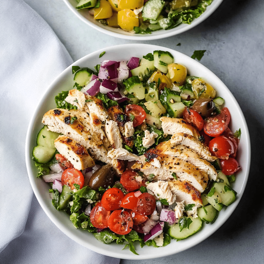 Salata cu piept de pui cu dressing verde, roșii și castraveți, prim-plan