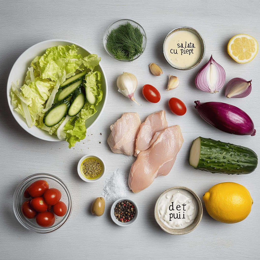 Salata cu piept de pui – ingrediente crude: piept de pui, salată verde, roșii, castravete, lămâie