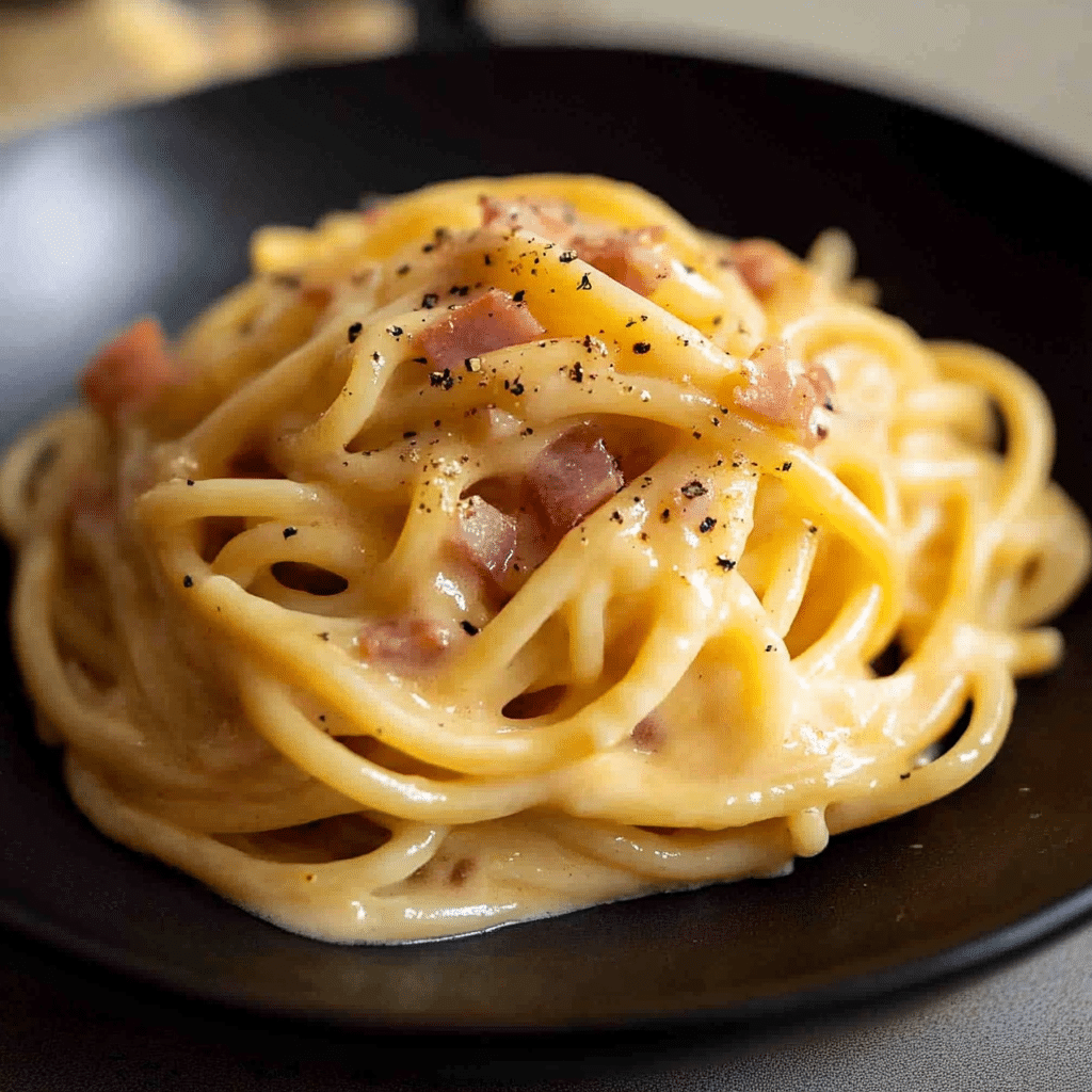 Sos carbonara cu spaghetti ridicate pe furculiță, sos cremos și bacon vizibil